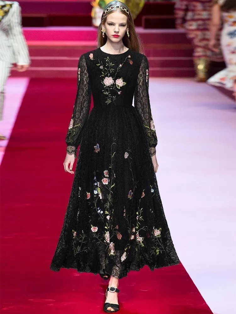 Molly Sequins Lace Dress Women O-Neck Lantern Sleeve Floral Embroidery Black Vintage Dress
