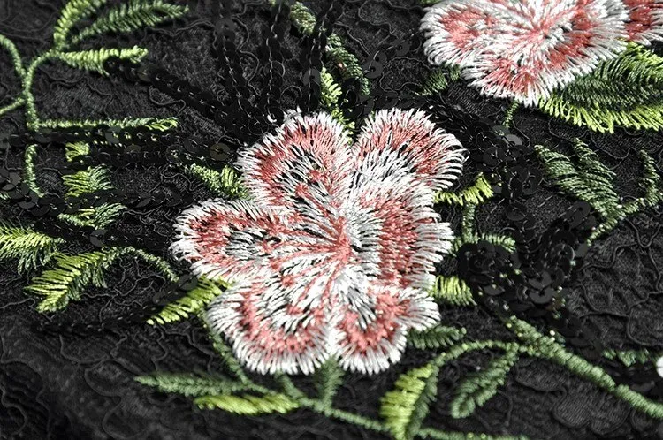 Molly Sequins Lace Dress Women O-Neck Lantern Sleeve Floral Embroidery Black Vintage Dress