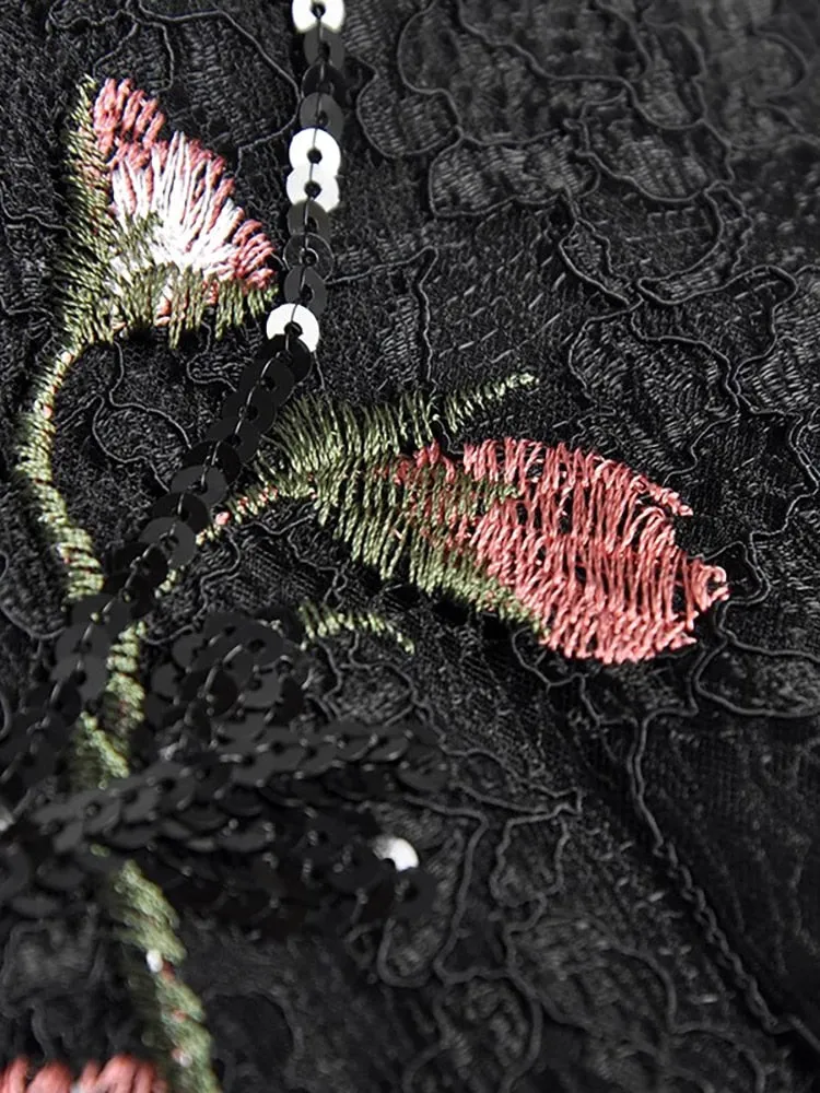 Molly Sequins Lace Dress Women O-Neck Lantern Sleeve Floral Embroidery Black Vintage Dress