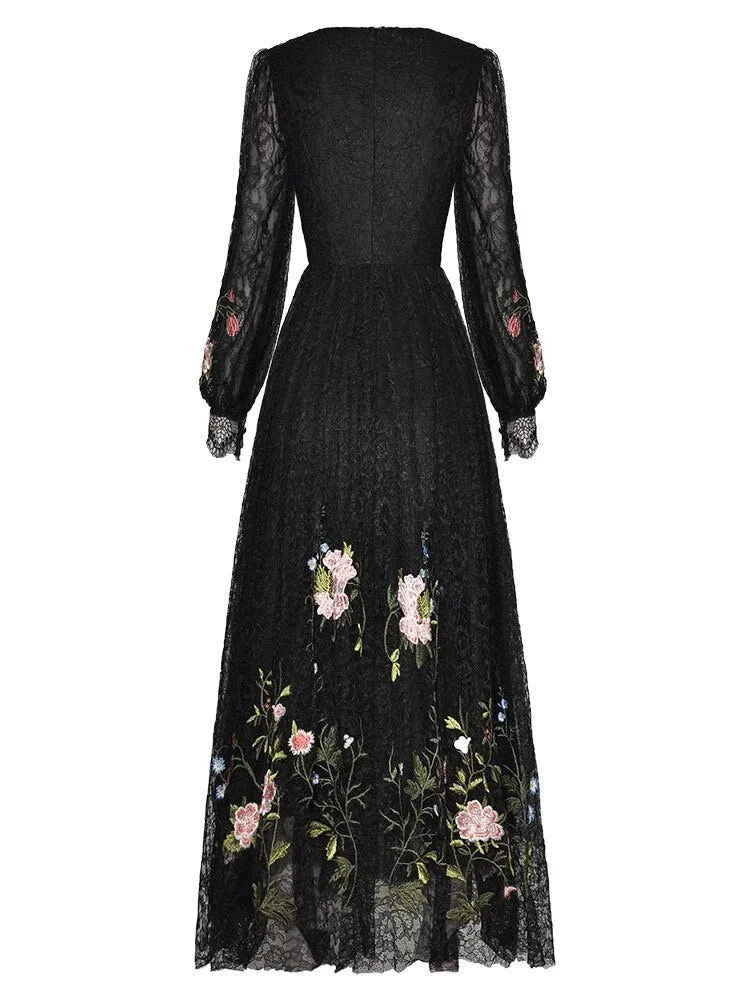Molly Sequins Lace Dress Women O-Neck Lantern Sleeve Floral Embroidery Black Vintage Dress