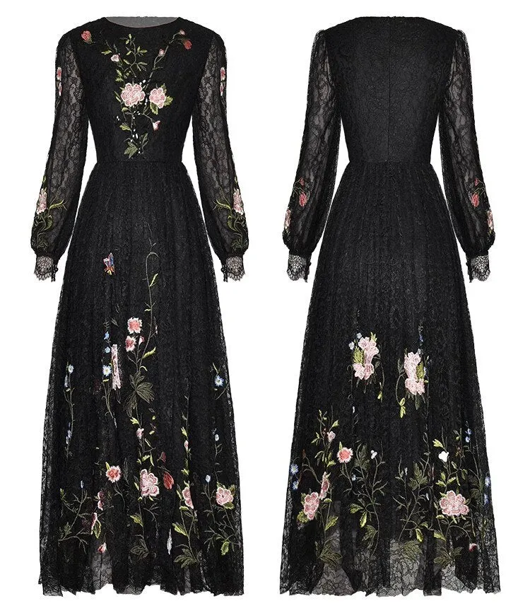 Molly Sequins Lace Dress Women O-Neck Lantern Sleeve Floral Embroidery Black Vintage Dress