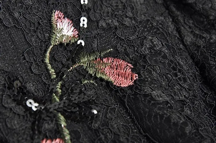 Molly Sequins Lace Dress Women O-Neck Lantern Sleeve Floral Embroidery Black Vintage Dress