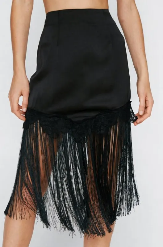 Nasty Gal Satin Fringe Hem High Waisted Skirt