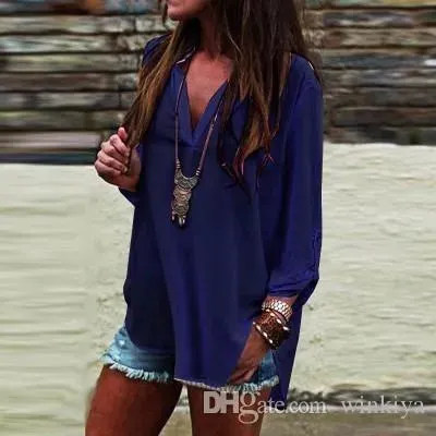 New Arrived Plus size blouses shirt 5XL-S Autumn Fashion Women's Long sleeve Blouse Shirts V-Neck Loose Fashion Chiffon Shirts blouse