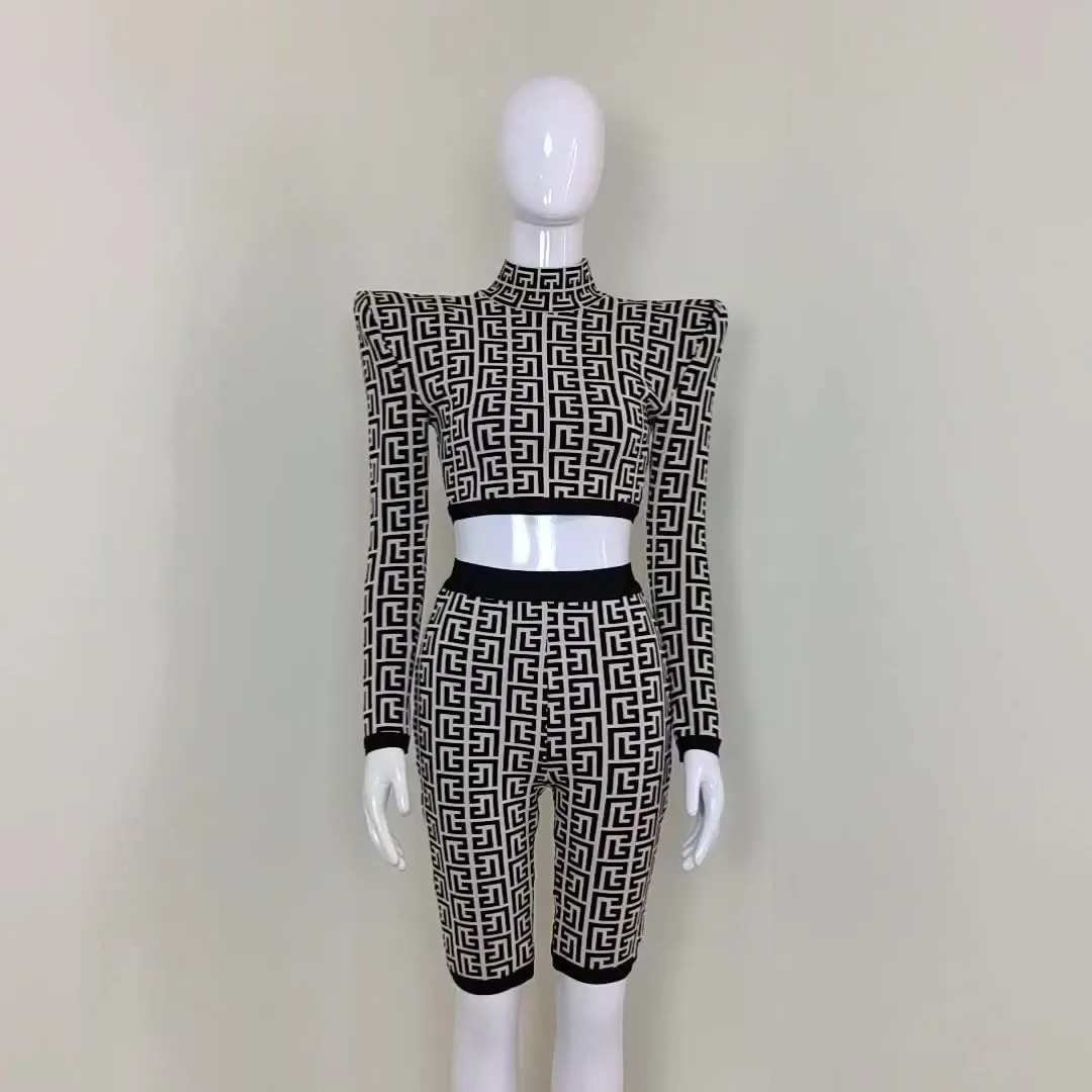 New Design Turtleneck Pattern Body con Two Piece Short Sets Women Dress