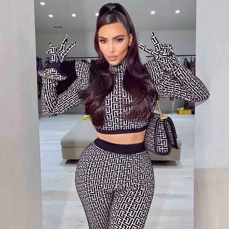 New Design Turtleneck Pattern Body con Two Piece Short Sets Women Dress
