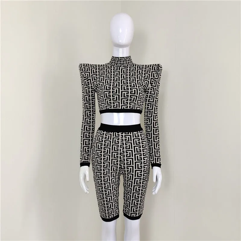 New Design Turtleneck Pattern Body con Two Piece Short Sets Women Dress