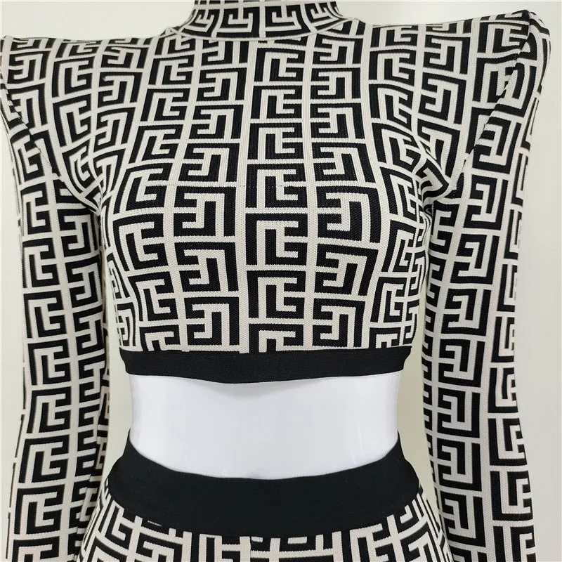 New Design Turtleneck Pattern Body con Two Piece Short Sets Women Dress