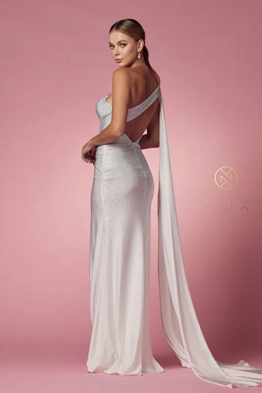 NOX ANABEL E1039W Beaded One Shoulder Bridal Gown