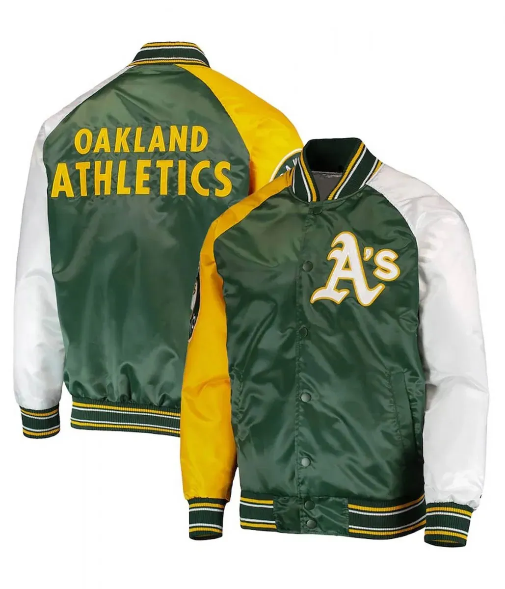Oakland Athletics Reliever Satin Green and Yellow Varsity Jacket