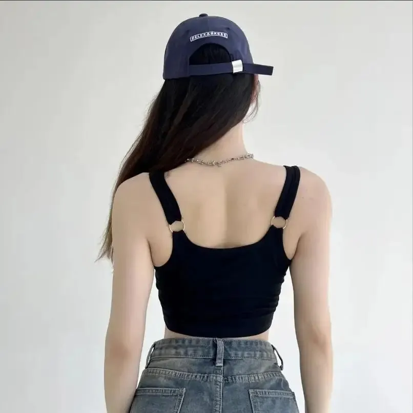 Obsidian Phoenix Striped Tank Top - Sexy Sleeveless Crop with Built-in Bra Pad, Solid Color Exposed Navel Style