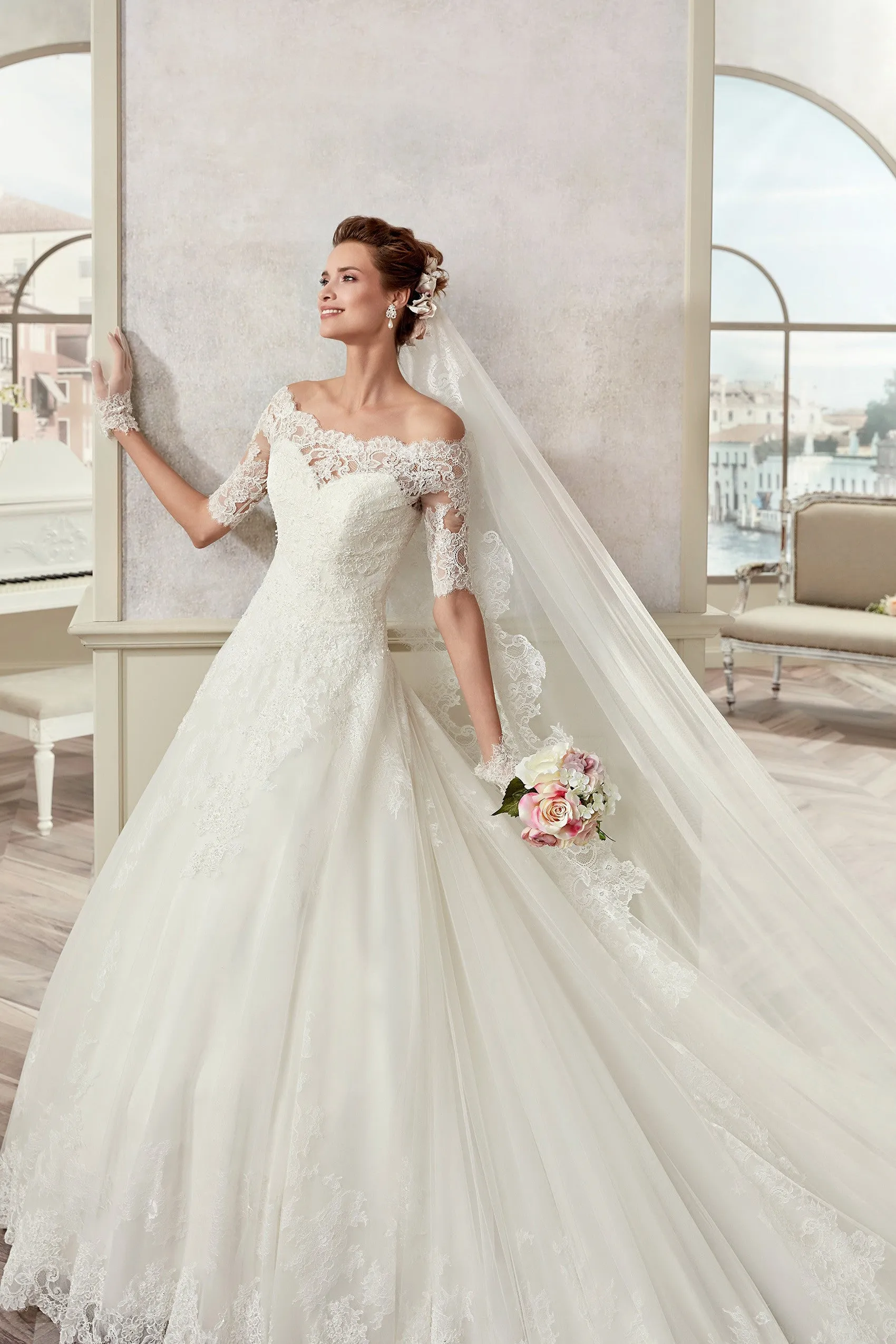 Off-Shoulder A-Line Bridal Gown With Half Sleeves And Scalloped Neckline-MK_704727