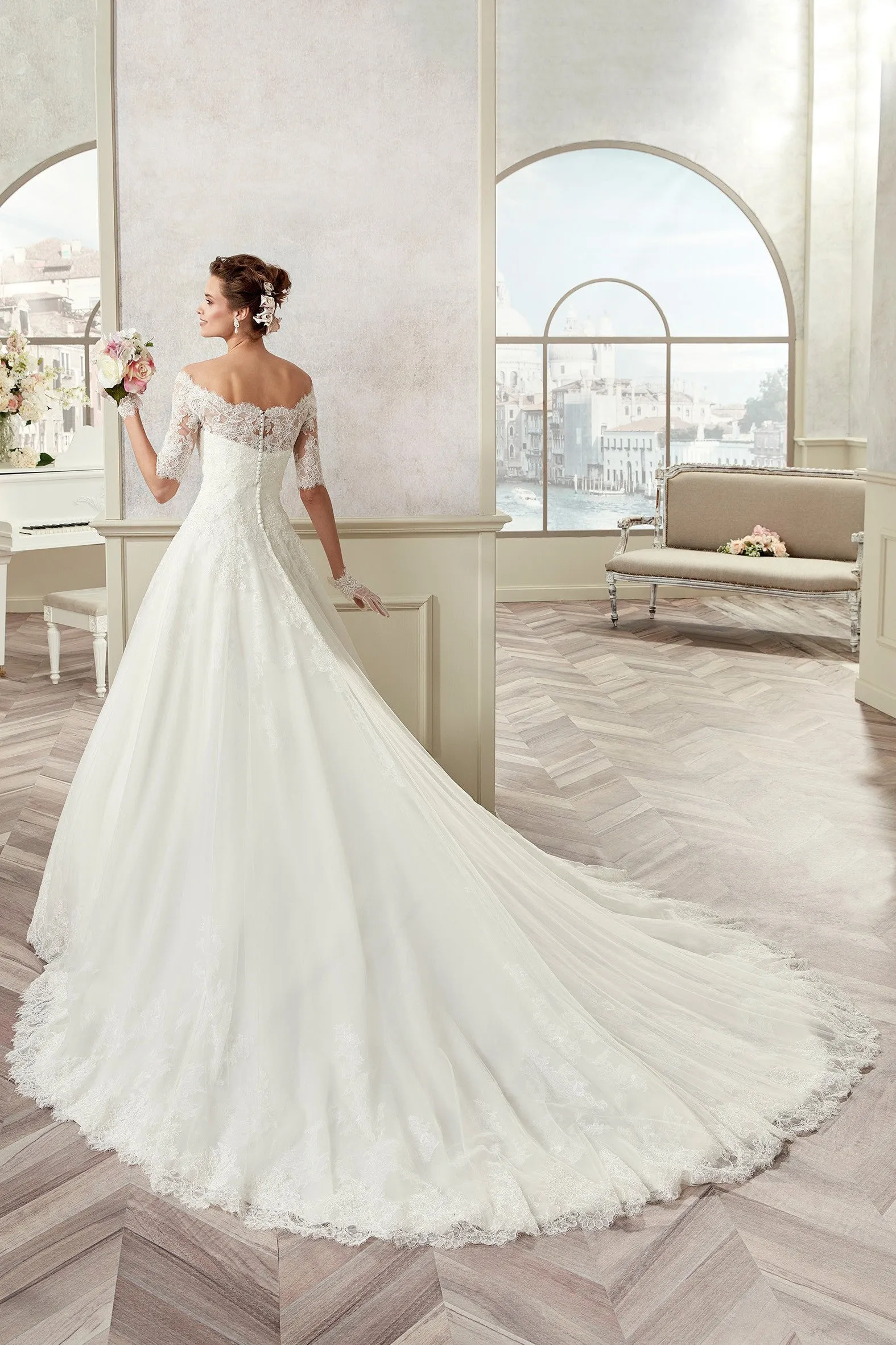 Off-Shoulder A-Line Bridal Gown With Half Sleeves And Scalloped Neckline-MK_704727