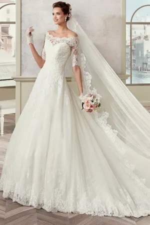 Off-Shoulder A-Line Bridal Gown With Half Sleeves And Scalloped Neckline-MK_704727