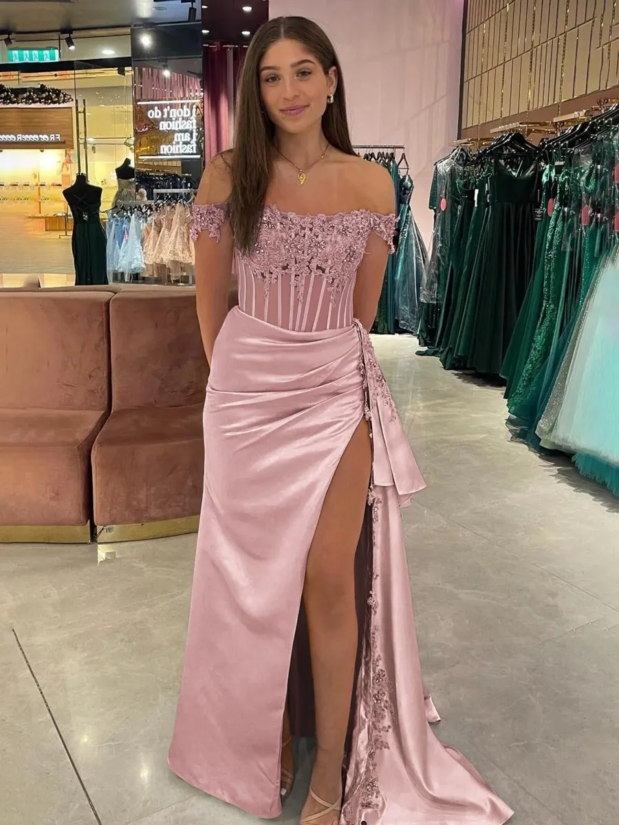 Off the Shoulder Satin Beaded Prom Dresses with Appliques