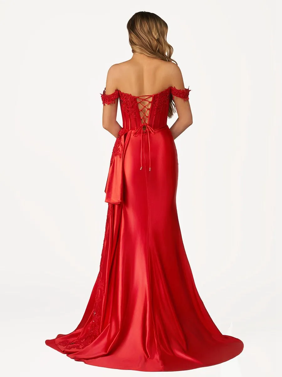 Off the Shoulder Satin Beaded Prom Dresses with Appliques
