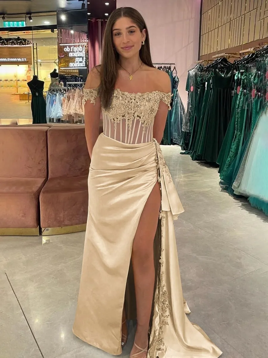 Off the Shoulder Satin Beaded Prom Dresses with Appliques