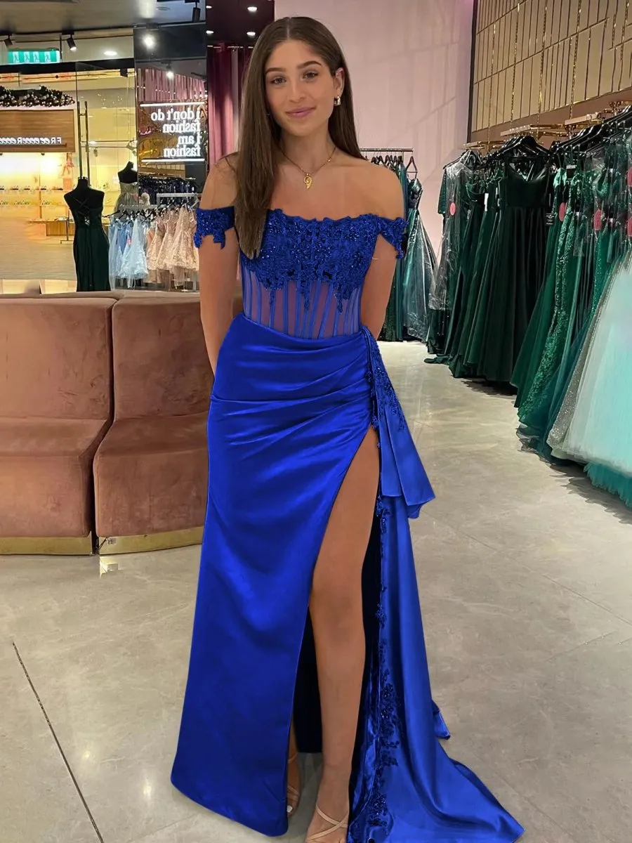Off the Shoulder Satin Beaded Prom Dresses with Appliques
