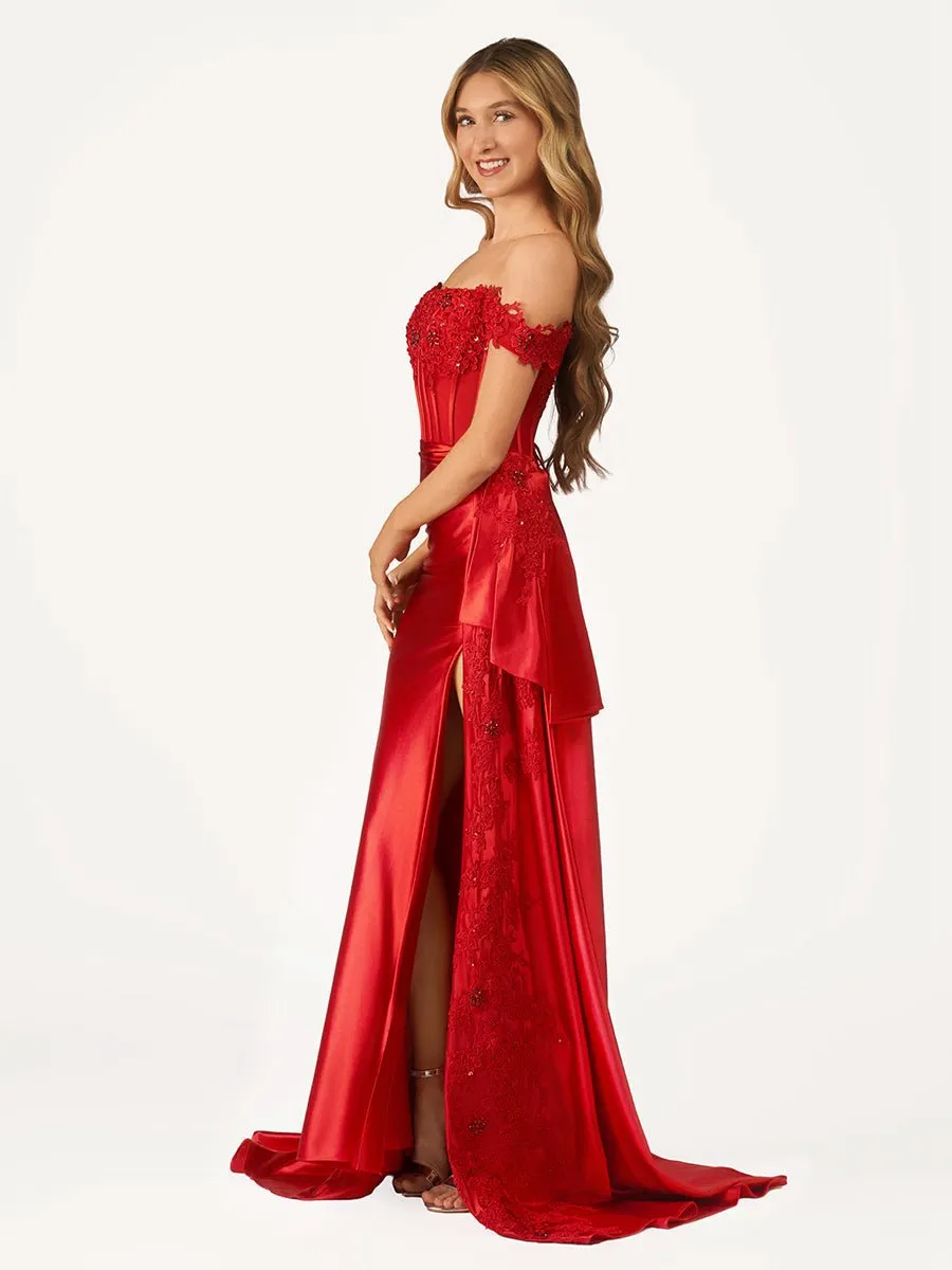 Off the Shoulder Satin Beaded Prom Dresses with Appliques