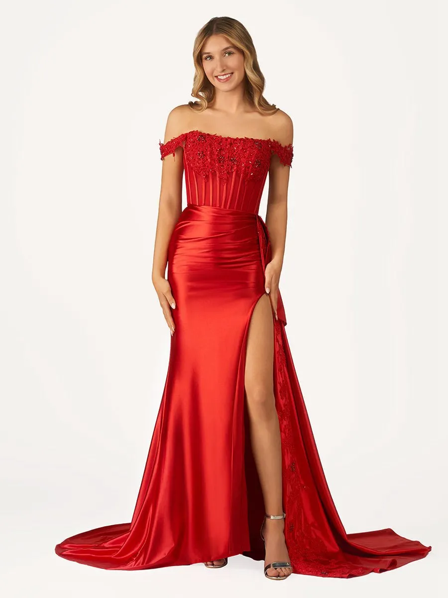Off the Shoulder Satin Beaded Prom Dresses with Appliques