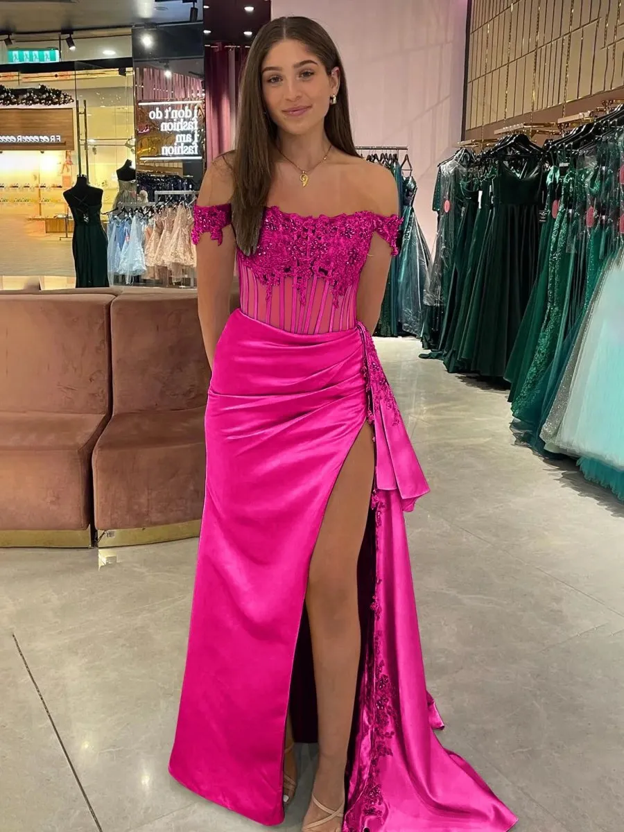 Off the Shoulder Satin Beaded Prom Dresses with Appliques