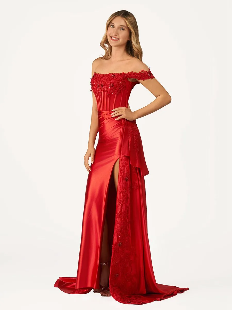 Off the Shoulder Satin Beaded Prom Dresses with Appliques