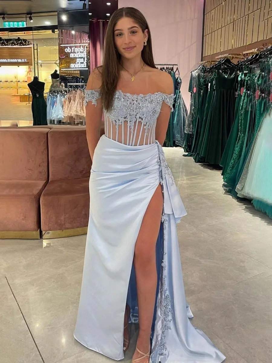Off the Shoulder Satin Beaded Prom Dresses with Appliques