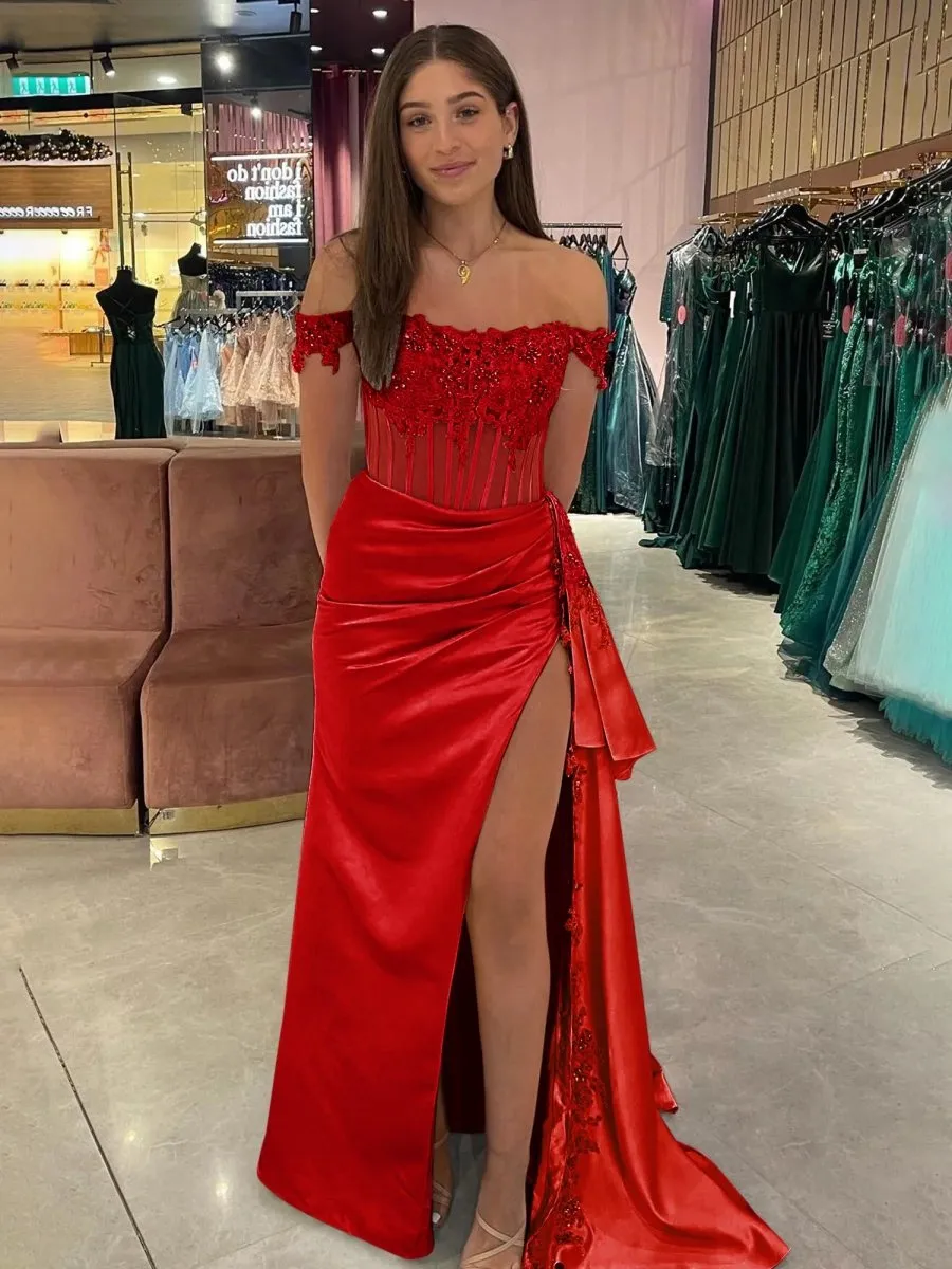 Off the Shoulder Satin Beaded Prom Dresses with Appliques