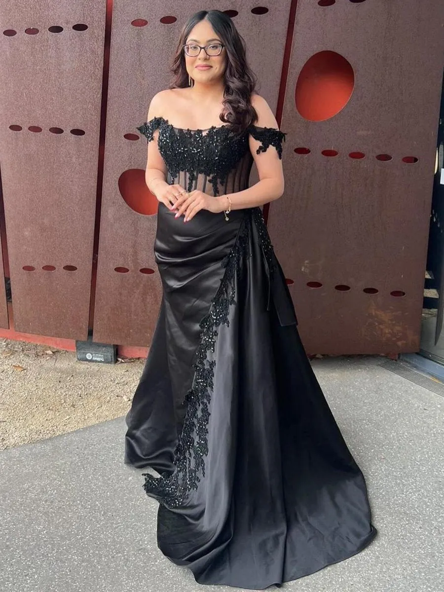 Off the Shoulder Satin Beaded Prom Dresses with Appliques