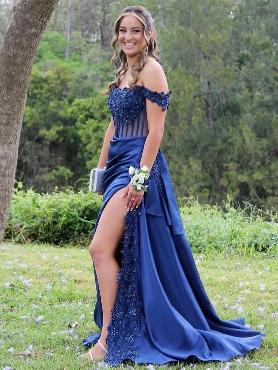 Off the Shoulder Satin Beaded Prom Dresses with Appliques