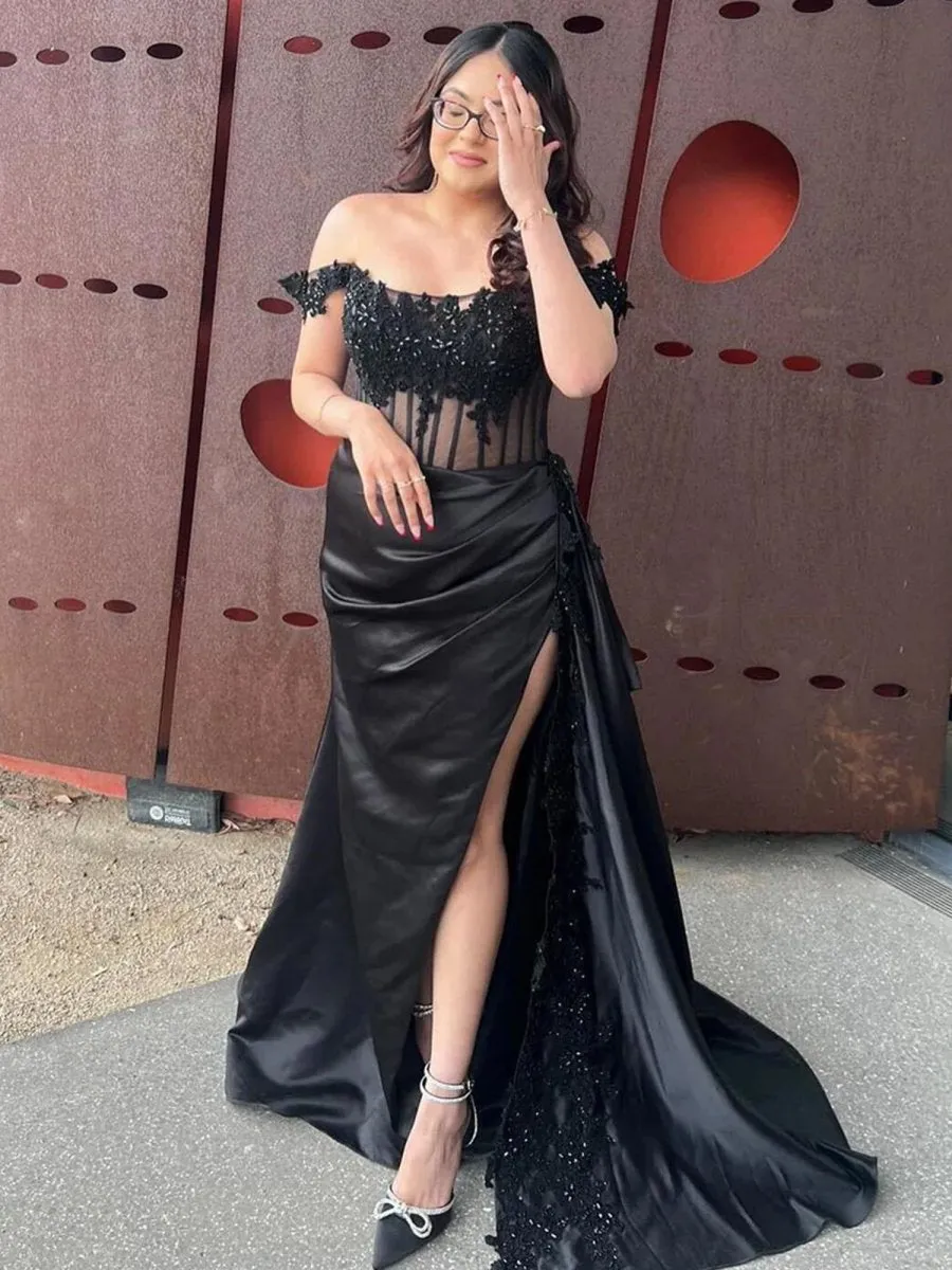 Off the Shoulder Satin Beaded Prom Dresses with Appliques