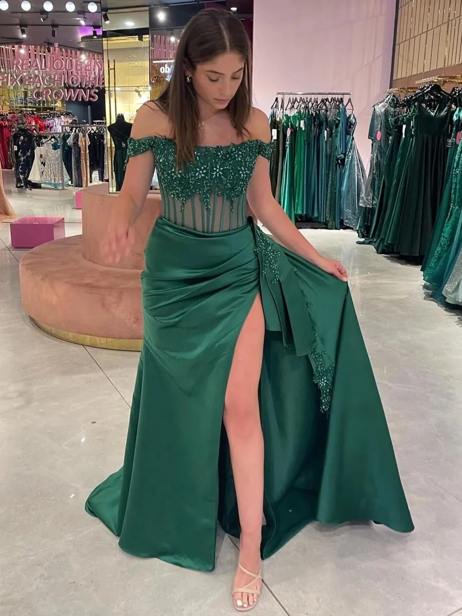 Off the Shoulder Satin Beaded Prom Dresses with Appliques