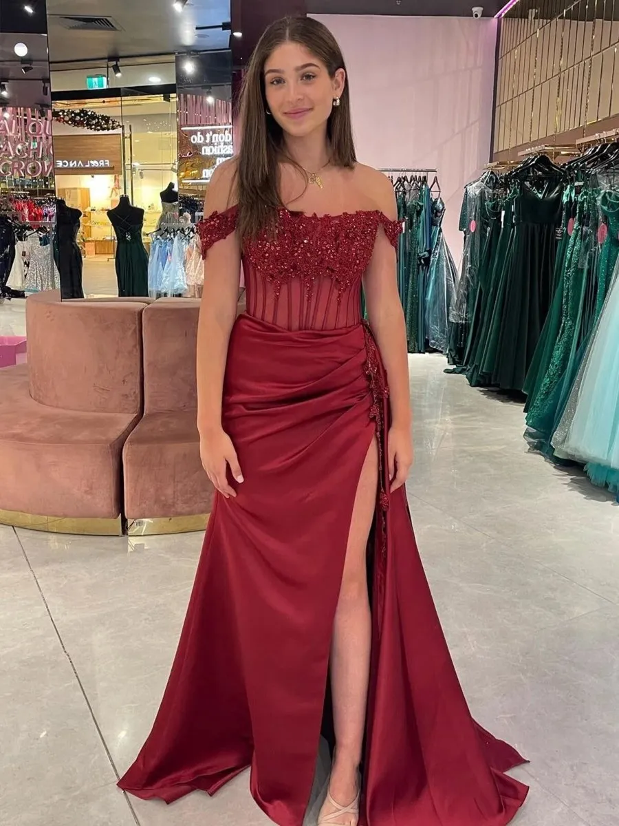 Off the Shoulder Satin Beaded Prom Dresses with Appliques