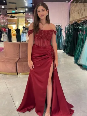 Off the Shoulder Satin Beaded Prom Dresses with Appliques