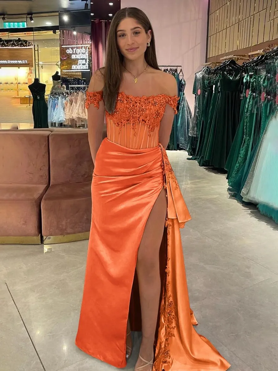 Off the Shoulder Satin Beaded Prom Dresses with Appliques