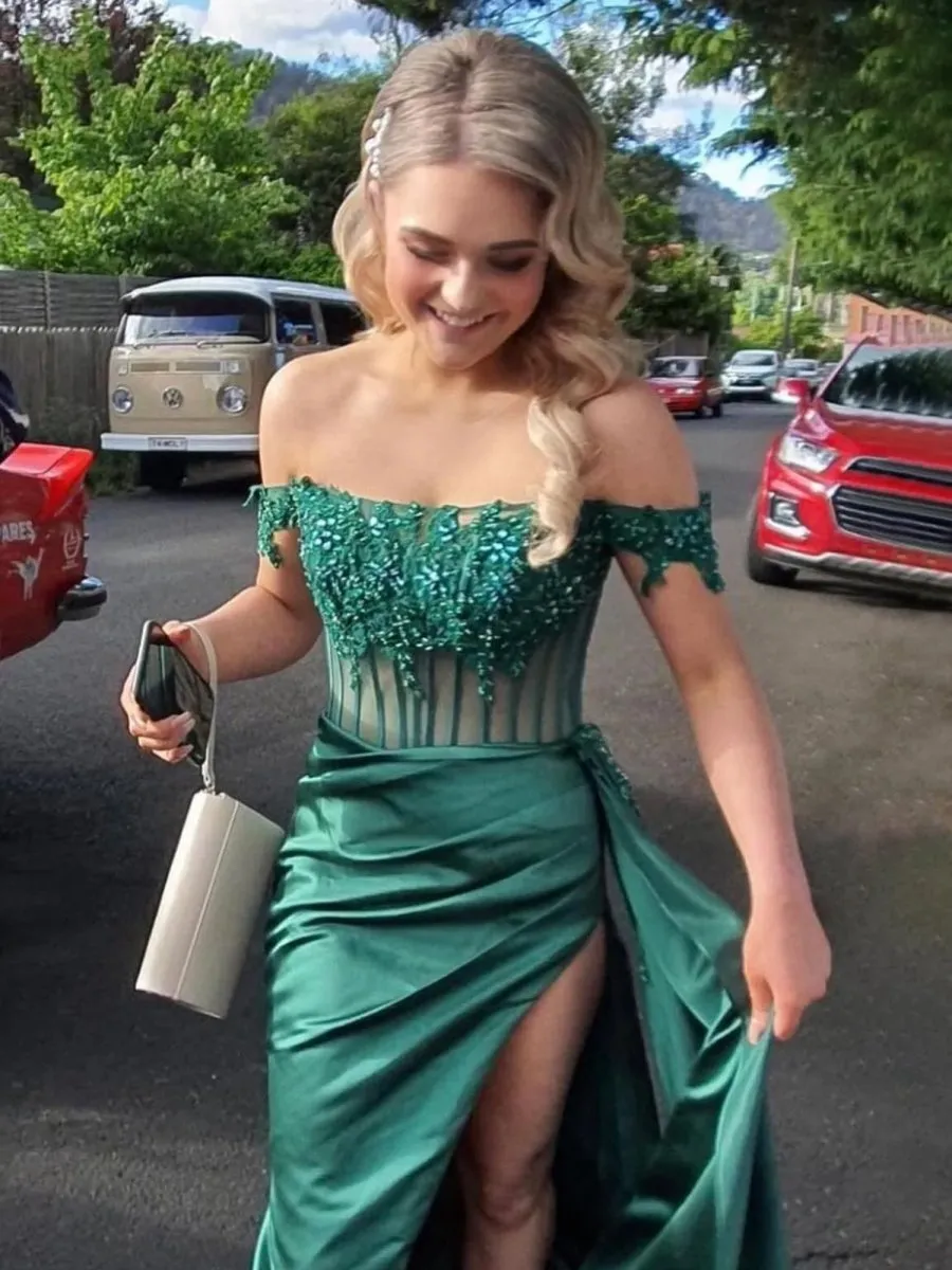 Off the Shoulder Satin Beaded Prom Dresses with Appliques