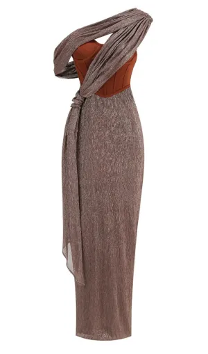 ONE SHOULDER DRAPED GLITTER BROWN CORSET OPEN BACK MAXI DRESS
