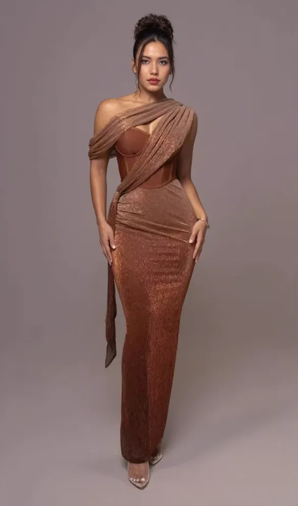 ONE SHOULDER DRAPED GLITTER BROWN CORSET OPEN BACK MAXI DRESS
