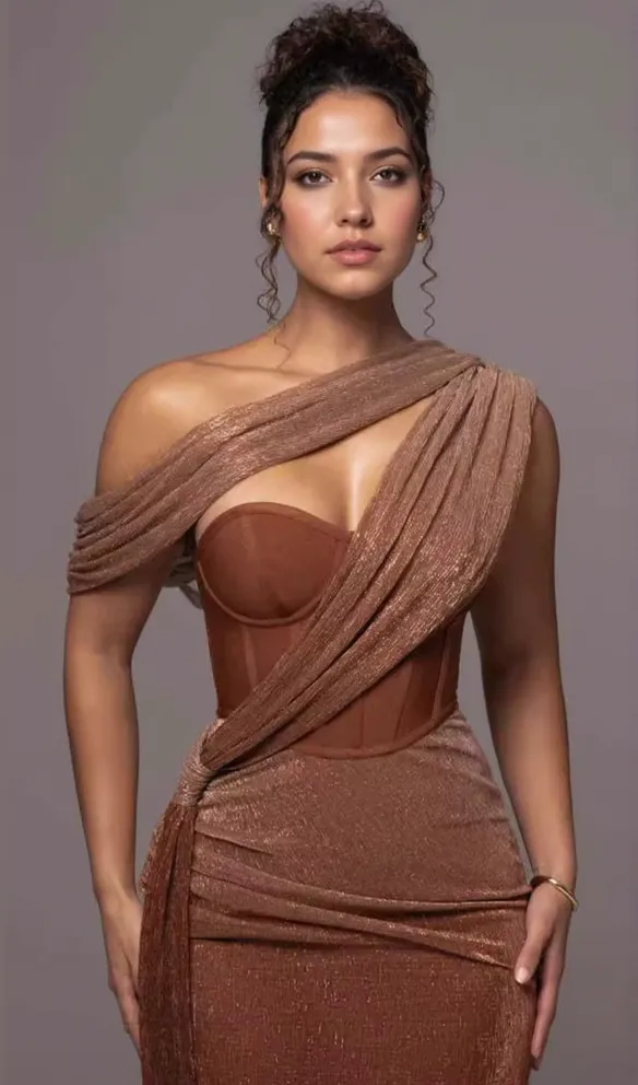 ONE SHOULDER DRAPED GLITTER BROWN CORSET OPEN BACK MAXI DRESS