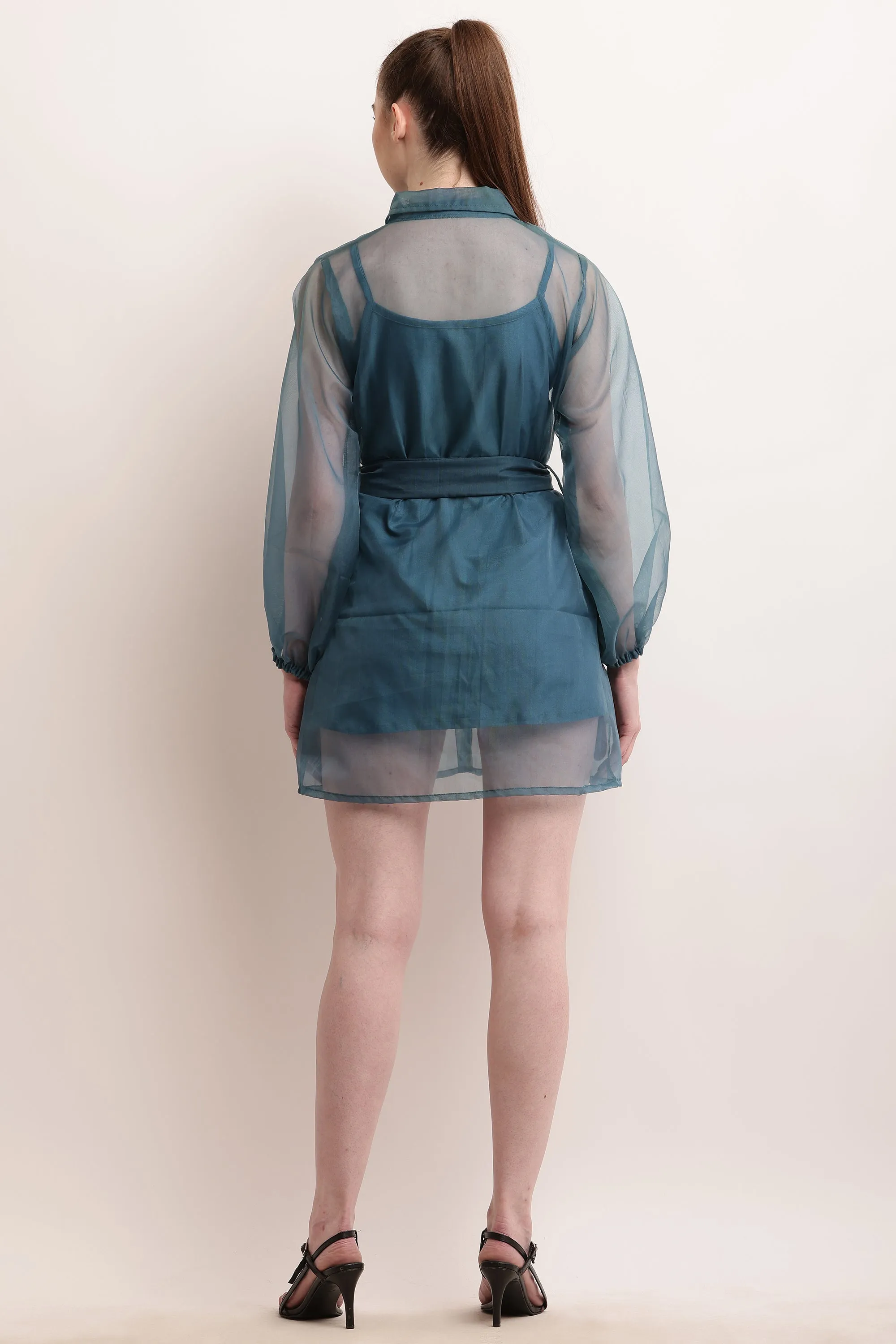 Organza Belted Balloon Sleeve Shirt Dress - Teal Blue