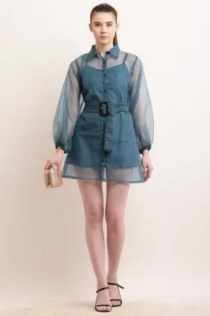 Organza Belted Balloon Sleeve Shirt Dress - Teal Blue