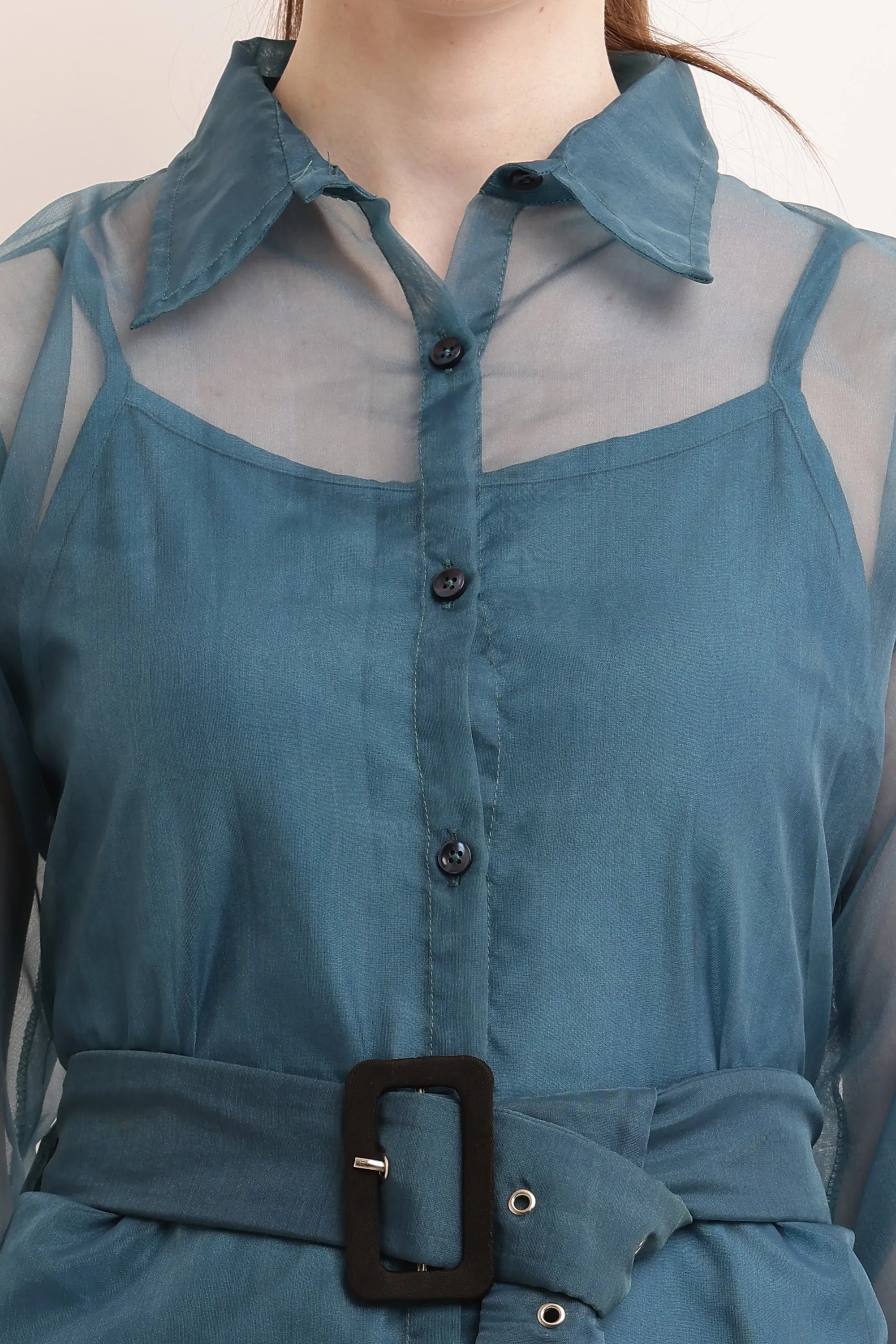 Organza Belted Balloon Sleeve Shirt Dress - Teal Blue