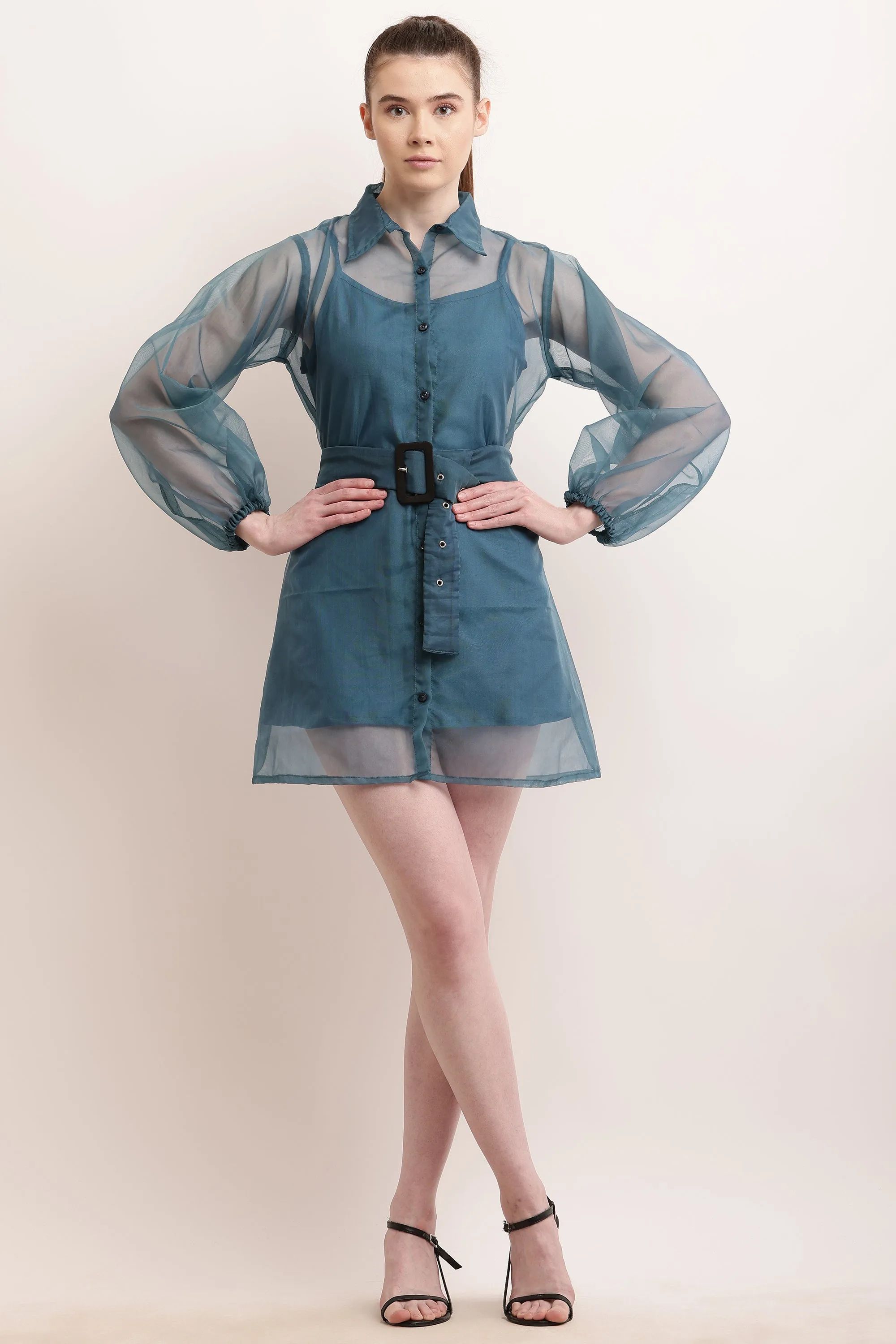 Organza Belted Balloon Sleeve Shirt Dress - Teal Blue