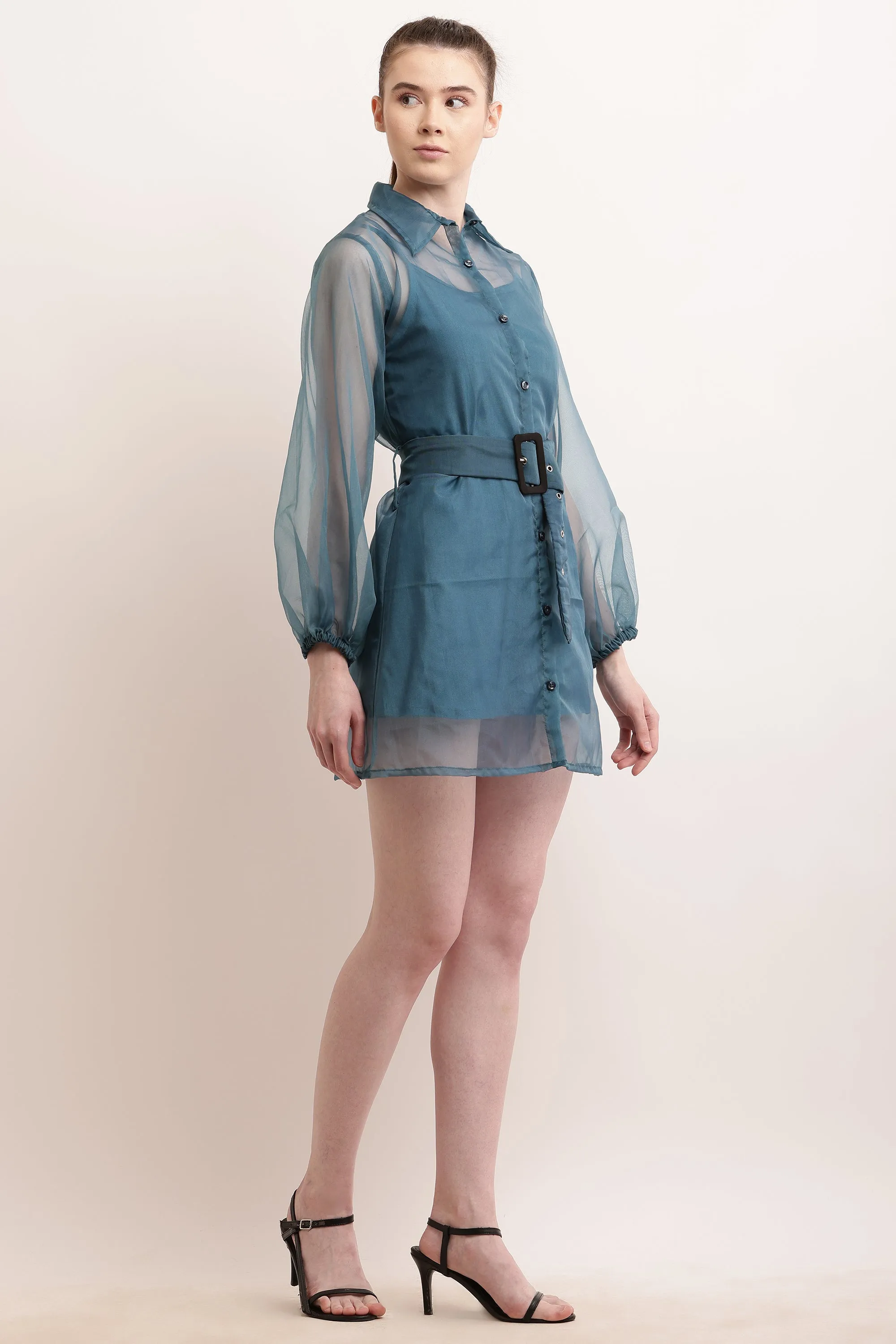 Organza Belted Balloon Sleeve Shirt Dress - Teal Blue