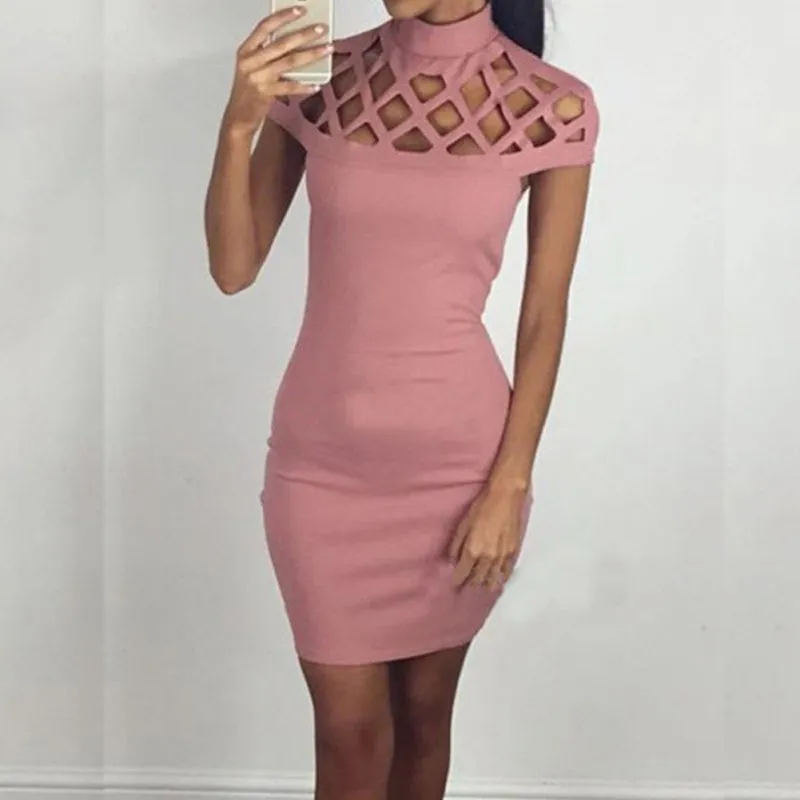 Party Night Turtle Neck Club Dress Hollow Out Mesh Slim Dresses Skinny Cut Off Black Mini Bodycon Brand