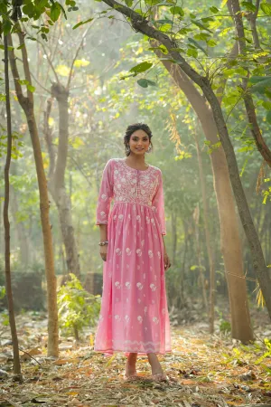 Peach Mul Cotton Chikankari Embroidery Empire Ethnic Dress