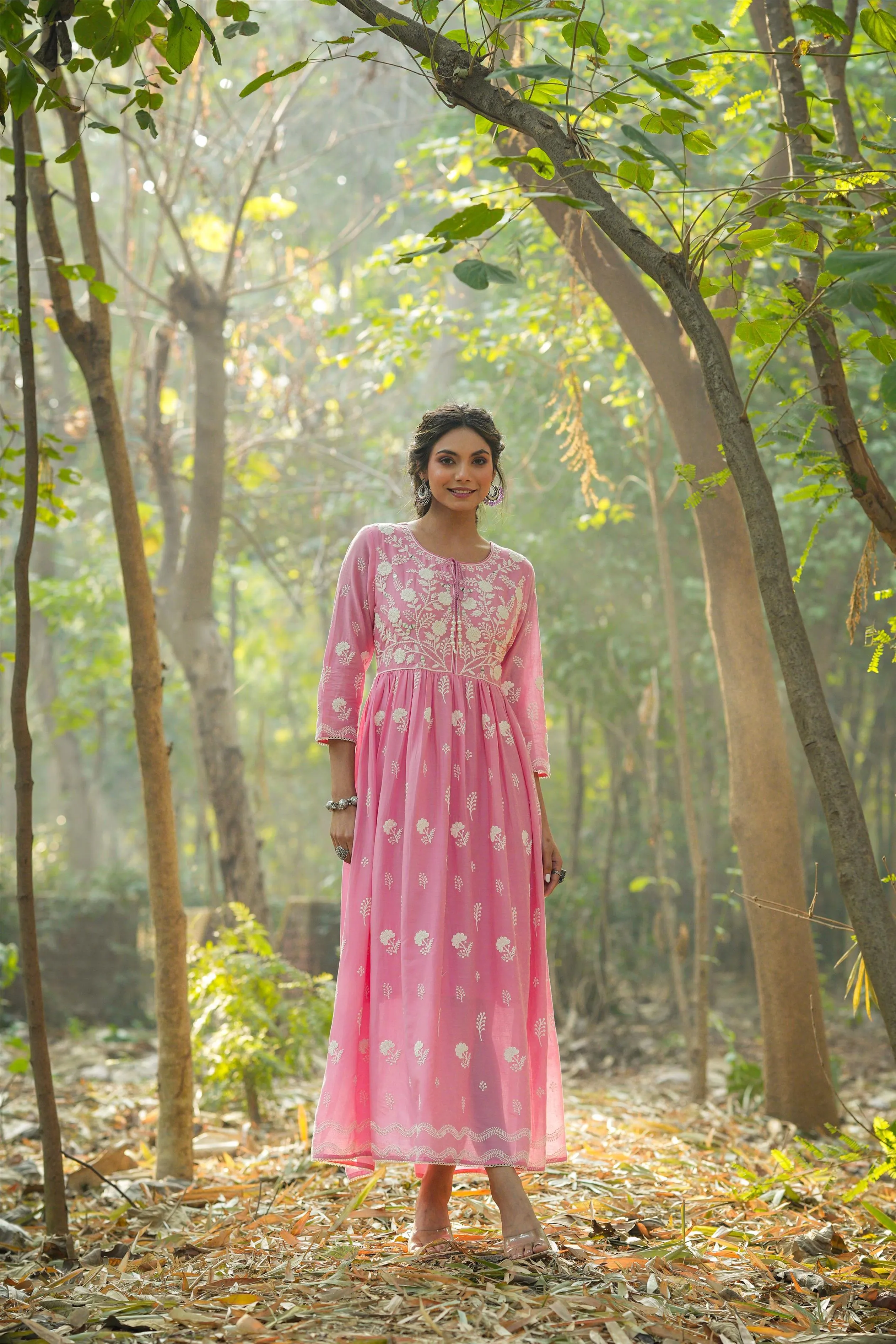 Peach Mul Cotton Chikankari Embroidery Empire Ethnic Dress