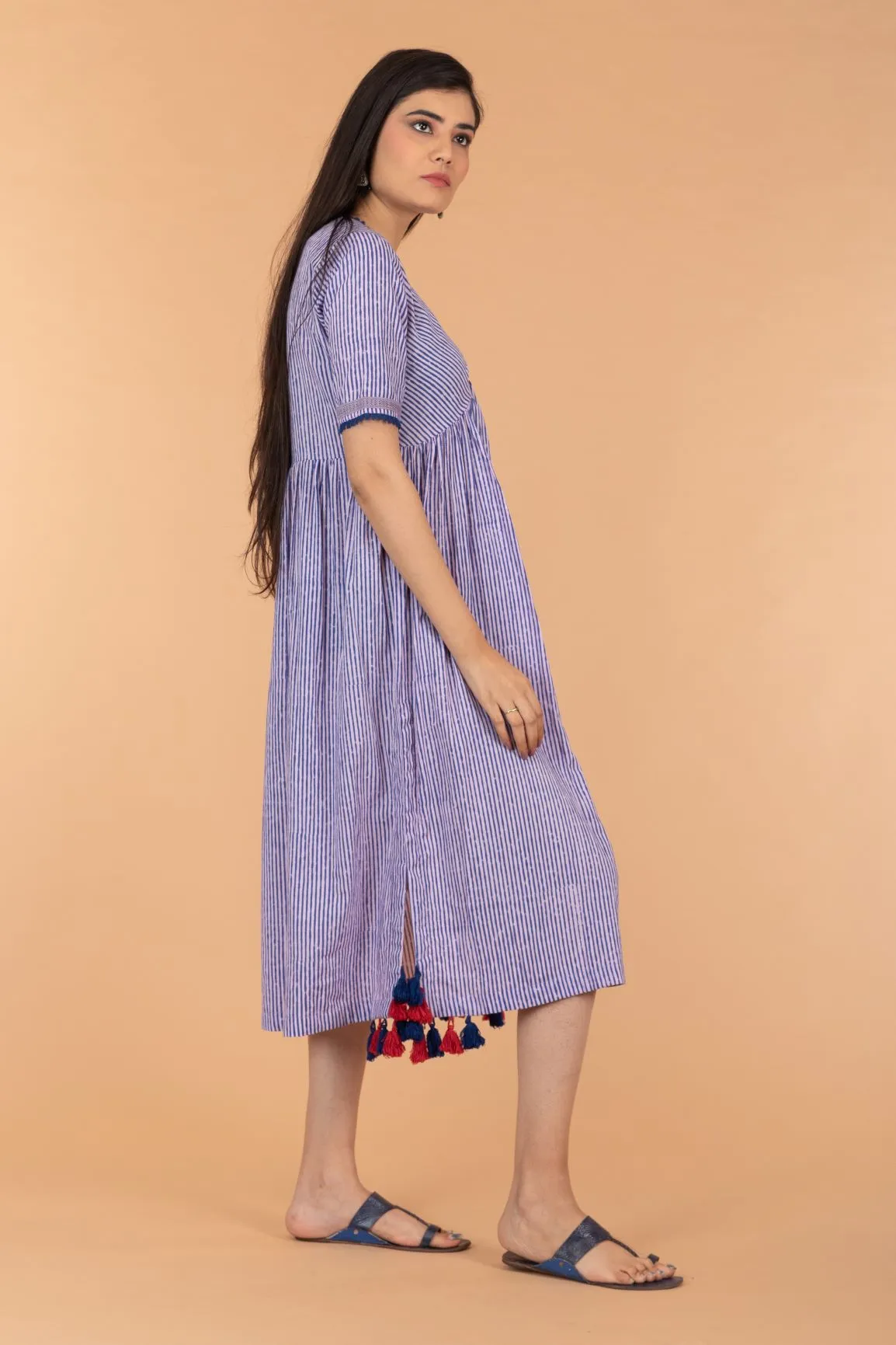 Pinstripe Cotton Empire Line Dress in Blue & Lilac Hand Block Print