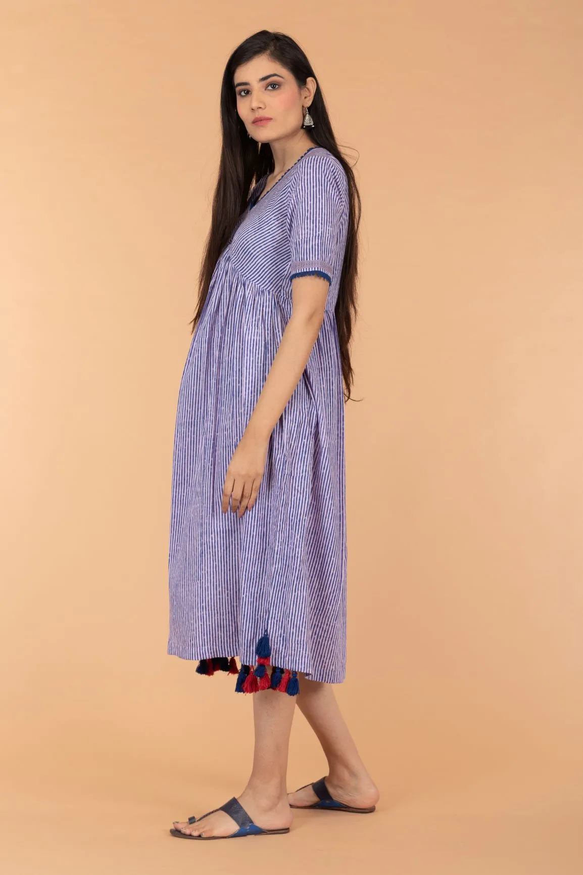 Pinstripe Cotton Empire Line Dress in Blue & Lilac Hand Block Print