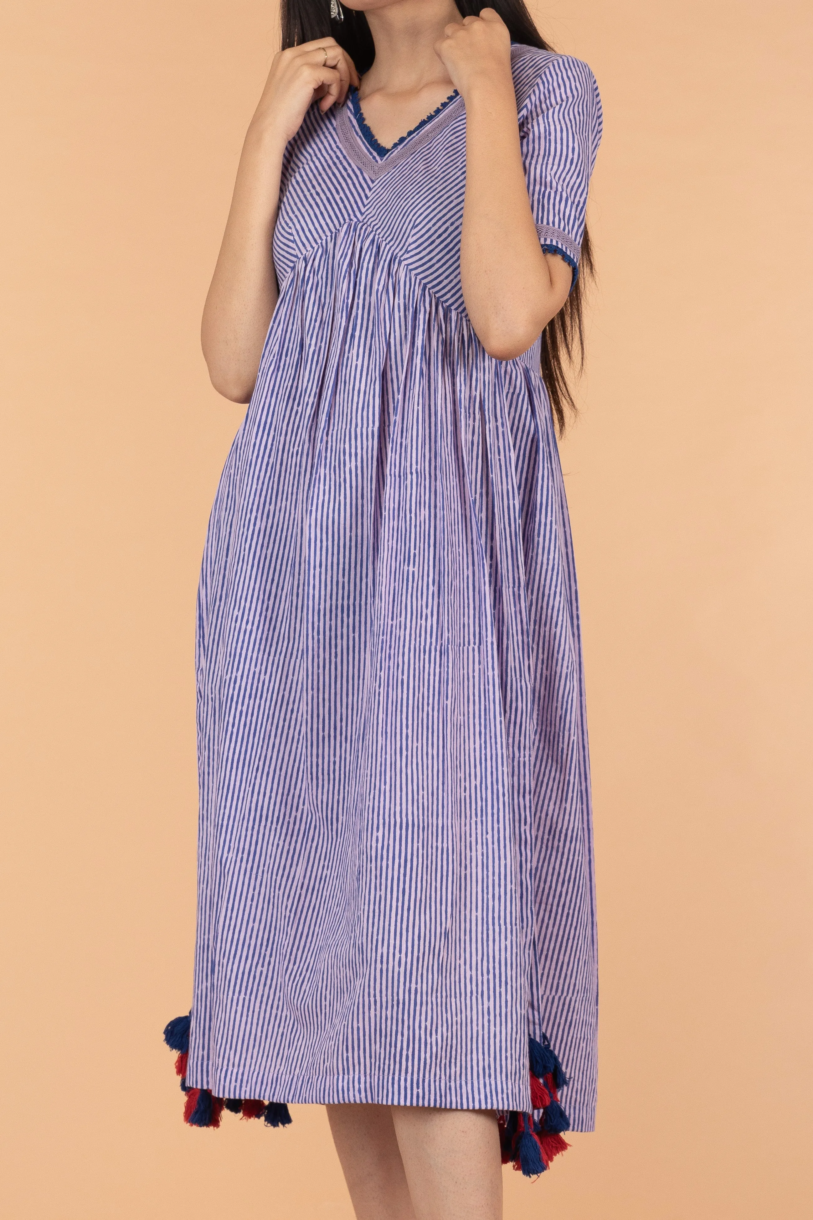 Pinstripe Cotton Empire Line Dress in Blue & Lilac Hand Block Print